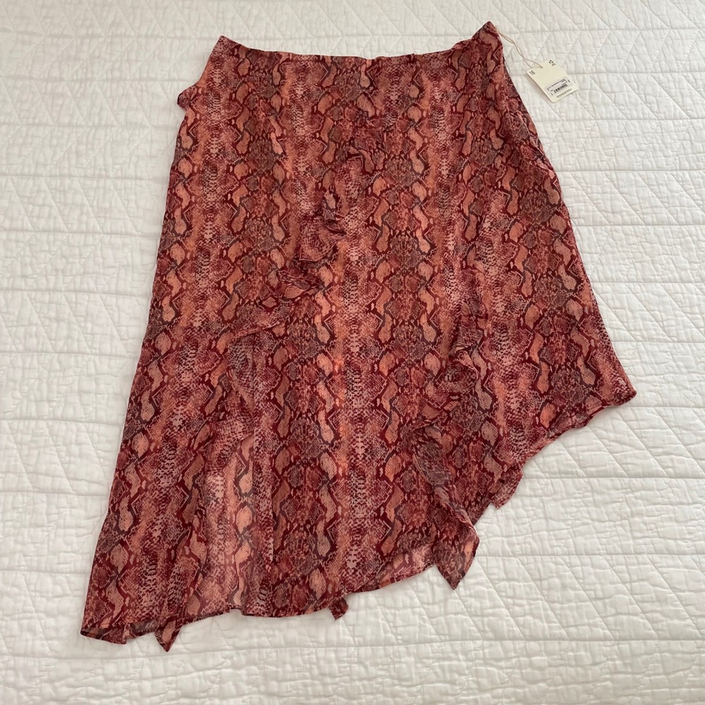 A.N.A A New Approach Snakeskin Ruffle Asymmetric Midi Skirt Red Brown Womens 16